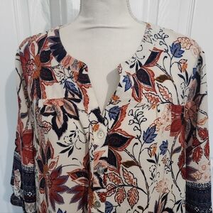 Fig And Flower Size 1X Floral Print 3/4 Sleeve Tunic Blouse